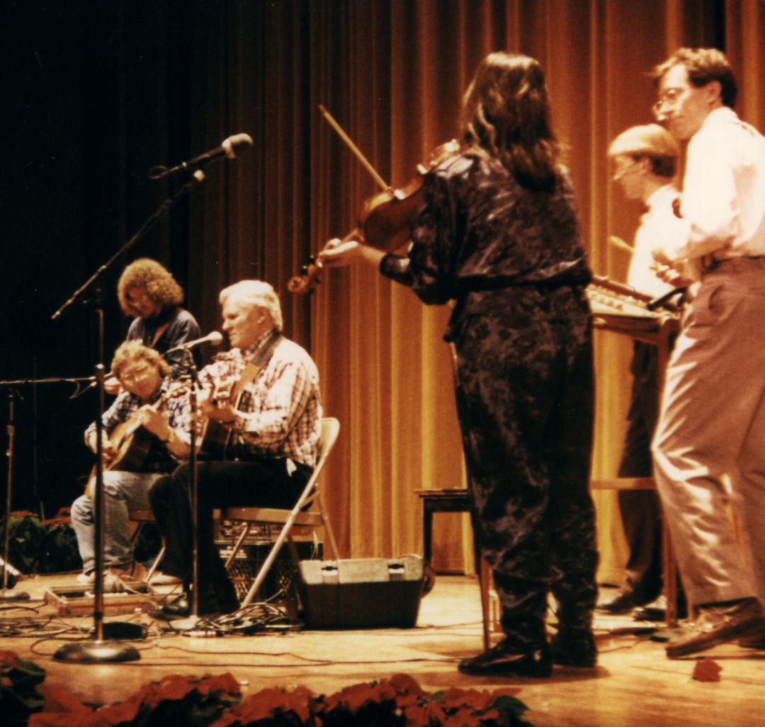 Pictured below: Helicon with Doc Watson & Freyda Epstein (1989) at The 3rd Annual Winter Solstice Concert